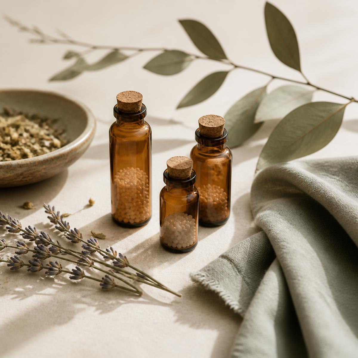 Amber homeopathic remedy vials with dried botanicals on warm ivory linen