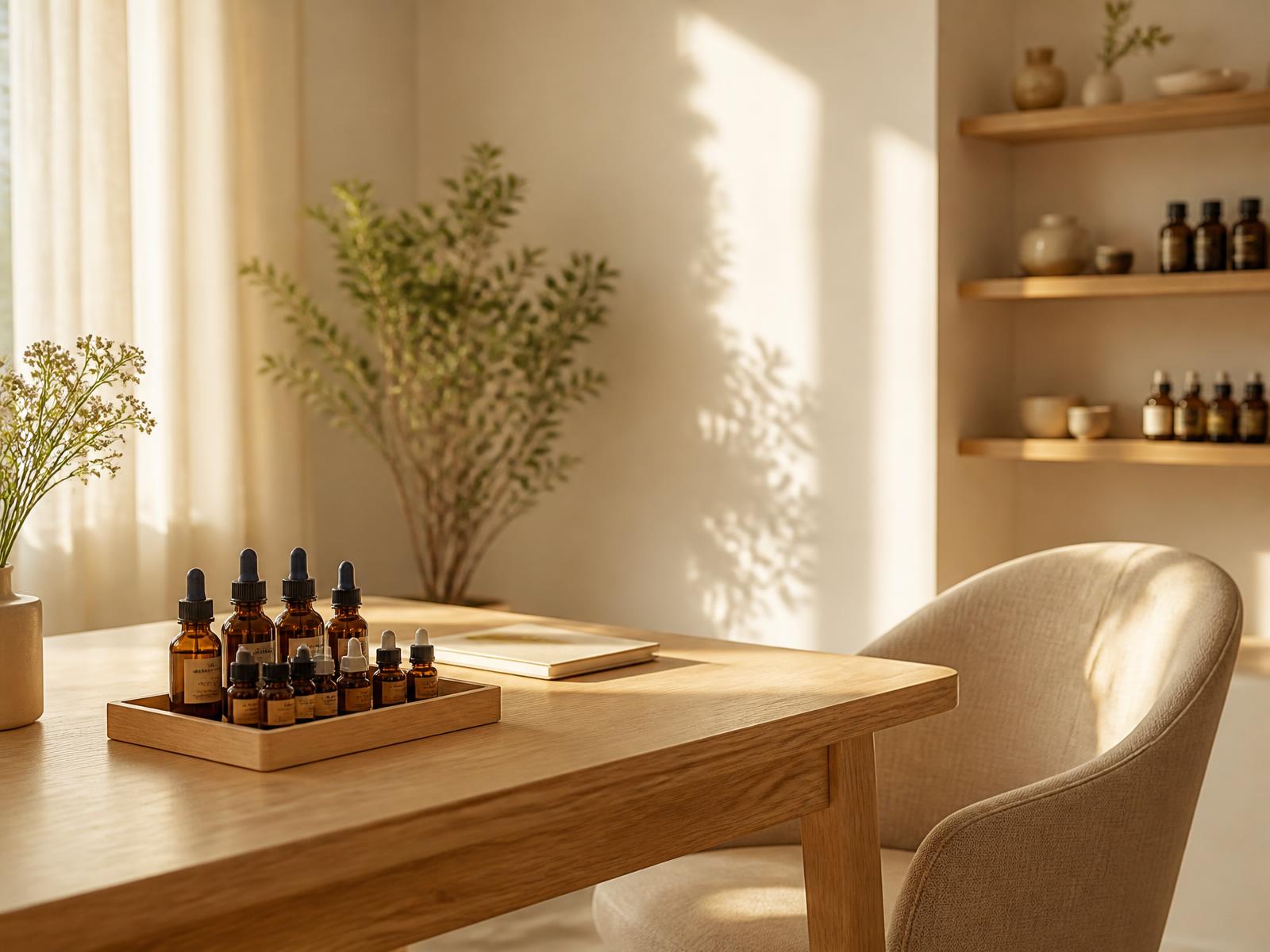 A quiet consultation room at Puurna with warm daylight, an oak desk and a tray of remedy bottles